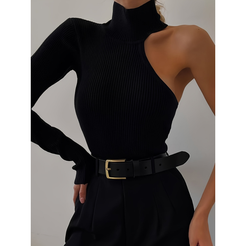Winter Clothing Usa - Einfarbiger Asymmetrischer One-Shoulder Gerippter Strick-Langarm-Bodysuit, Sexy