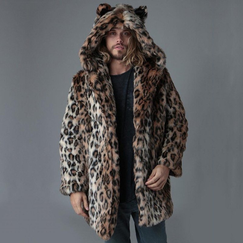 Winter Clothing Uae - Herren-Kunstpelzjacke, Wintermantel, dicke Kapuze, Leopardenmuster, mittlere